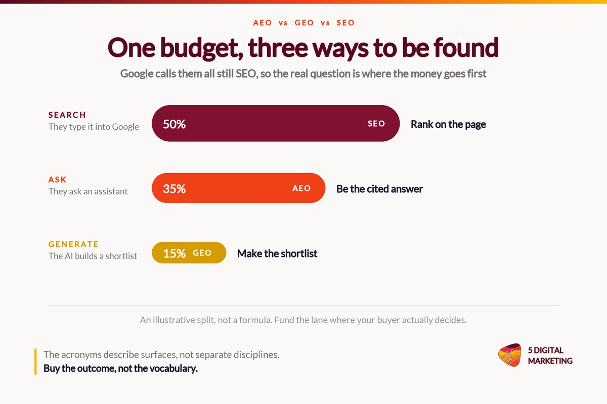 AEO vs GEO vs SEO compared: a marketing budget being allocated across search, answer and generative discovery