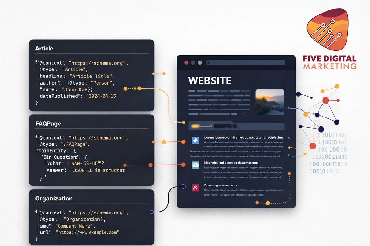 AI schema markup illustration showing JSON-LD structure for article and FAQPage