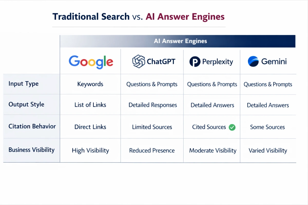 Comparison table showing differences between Google Search ChatGPT Perplexity and Gemini answer behavior