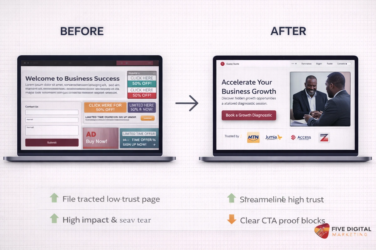 Before and after CRO comparison showing improved trust CTA visibility and form simplicity