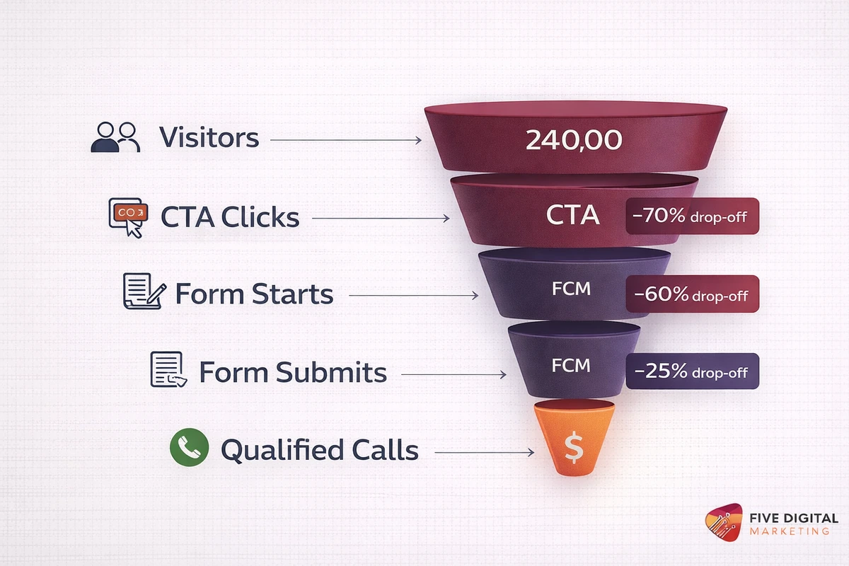 Conversion funnel diagram from visitor to CTA click form submission call and client