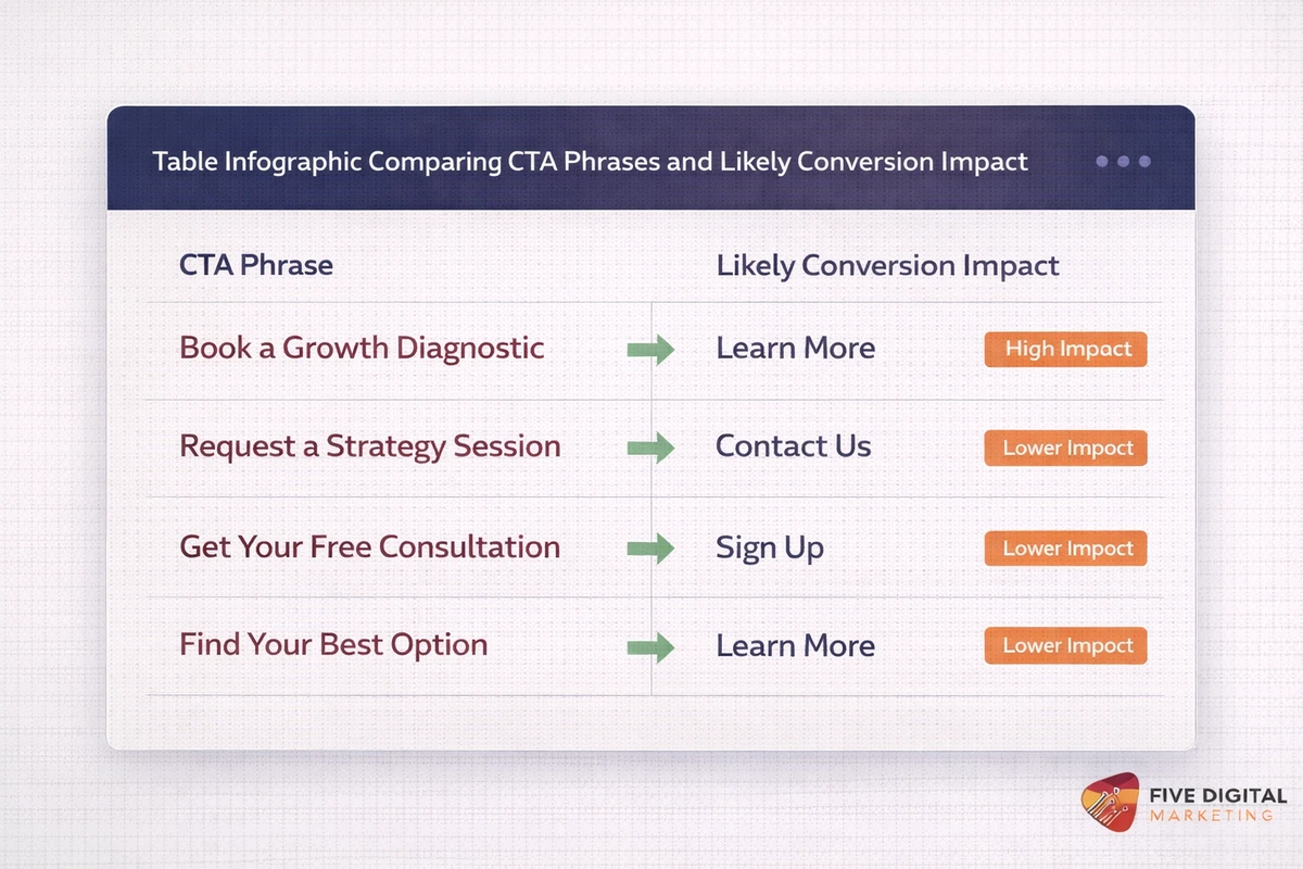 CTA comparison table showing clarity and expected conversion impact for service websites