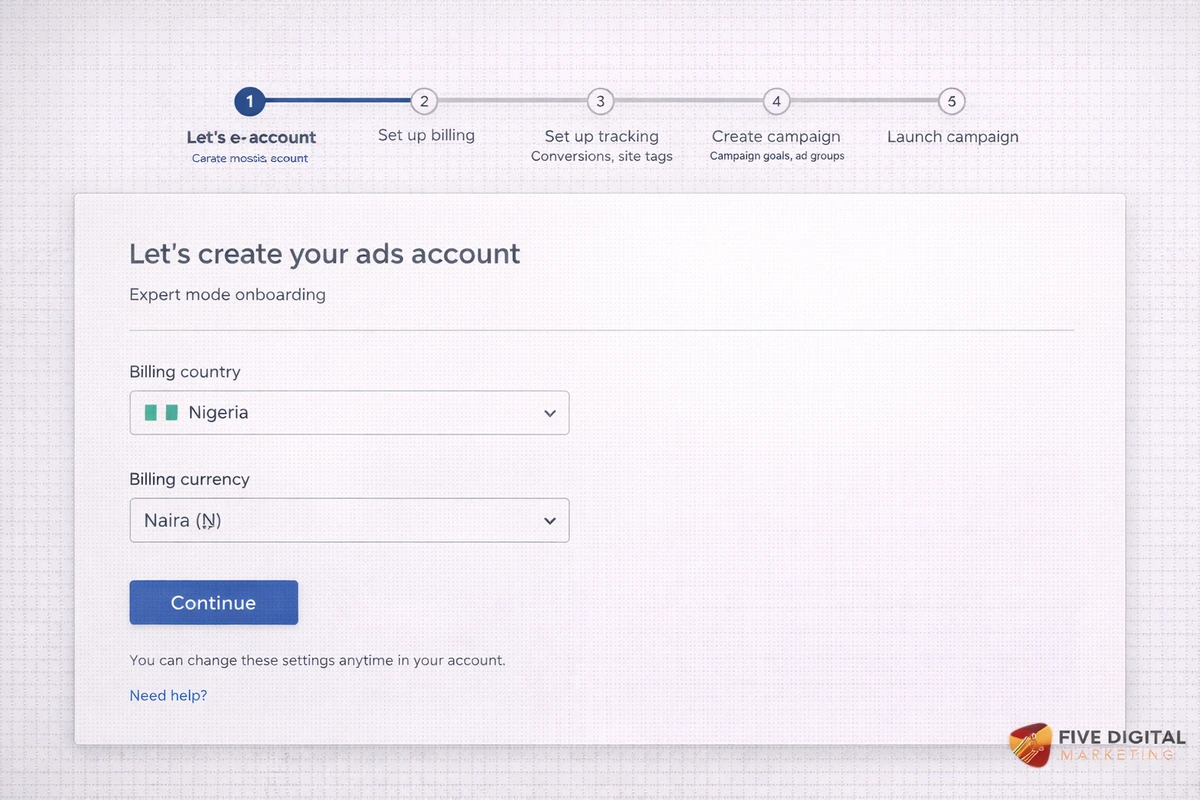 Google Ads account creation screen with expert mode setup path