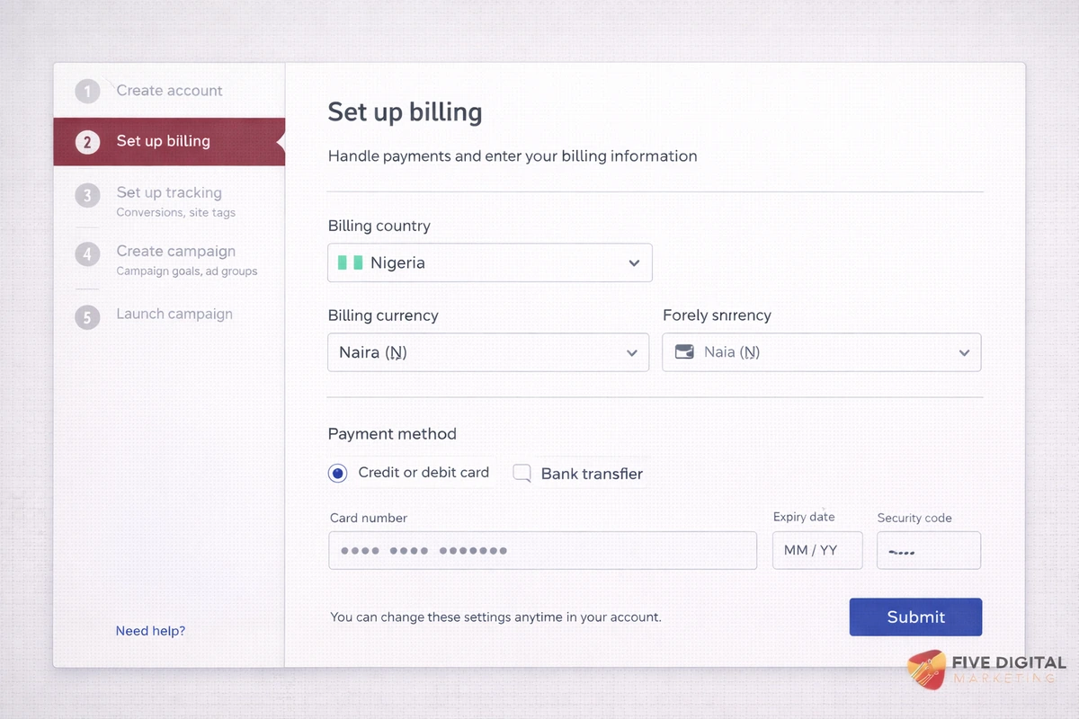 Google Ads billing setup with payment method configuration for Nigerian advertisers
