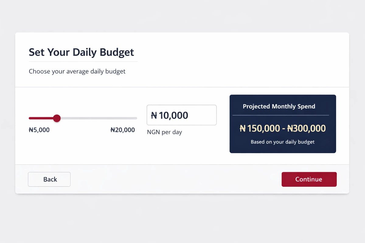 Google Ads daily budget setting interface with Naira budget controls