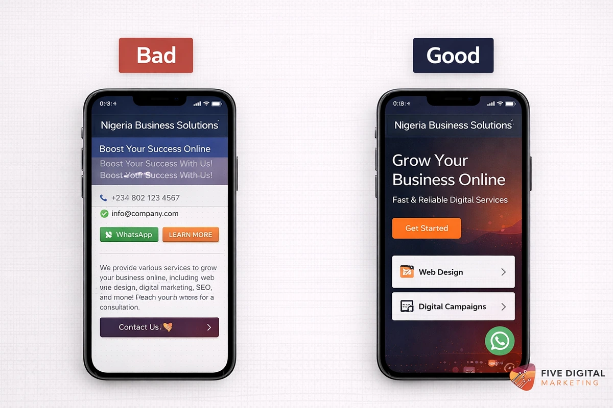 Good versus bad mobile UX comparison for Nigerian business website design